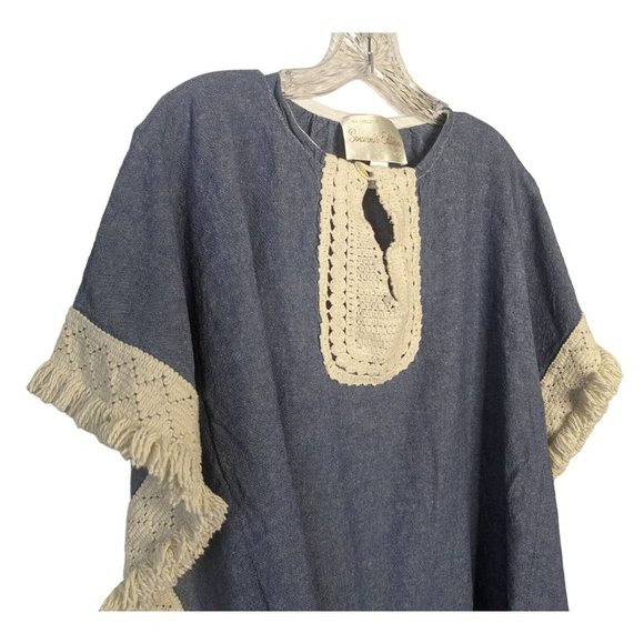 Original SOUVENIR EDITION by STACI WOO blue ivory fringe Bohemian Cotton Top S - Picture 5 of 10